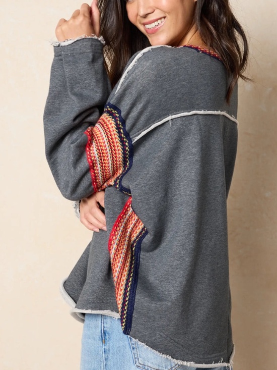 Natural Life Oversized Knit Trim Sweatshirt Gray Pullover Top S/M Small Medium - Picture 4 of 8
